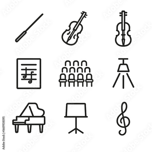 Orchestral Icon Grid. Outline icon set of orchestral game score themes: conductor’s baton, violin, cello, sheet music, orchestra