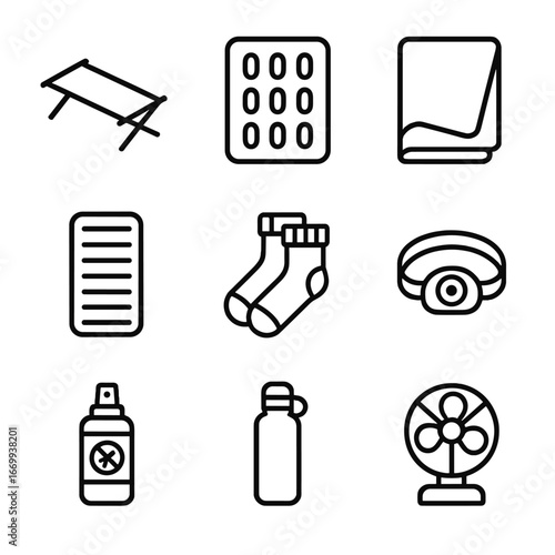 Outdoor Sleepover Essentials. Outline icon set of outdoor sleepover comfort items: foldable cot, inflatable air mattress, camp