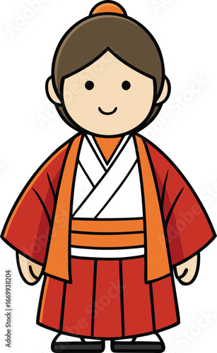 Cartoon character wearing a traditional Japanese outfit, featuring a kimono and obi, with a cheerful expression.