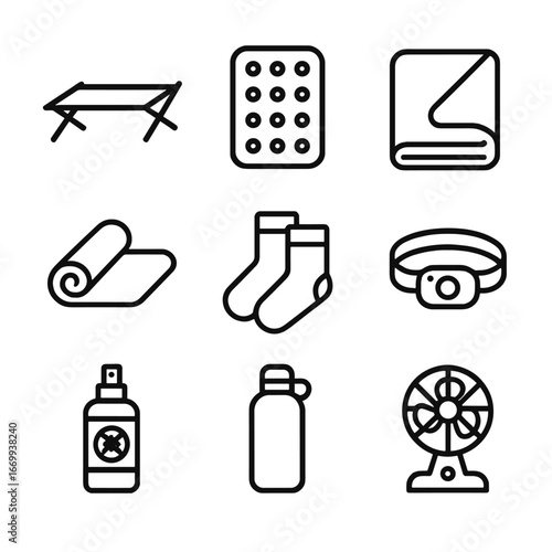 Outdoor Sleepover Essentials. Outline icon set of outdoor sleepover comfort items: foldable cot, inflatable air mattress, camp