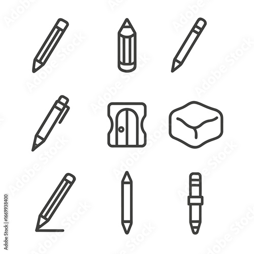 Pencil Icons Set. Outline icon set of pencil varieties and accessories: graphite pencil, charcoal pencil, colored pencil,
