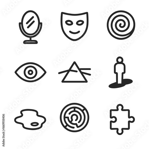 Perception vs Reality Icons. Outline icon set of perception versus reality: mirror, mask, illusion swirl, eye, prism, shadow