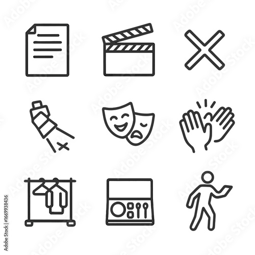 Performance Icon Set. Outline icon set of performance skills and stage directions: script page, director’s clapboard, stage mark