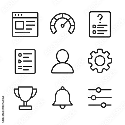 Personalized Learning Icons. Outline icon set of personalized learning interfaces: dashboard layout, progress gauge, adaptive quiz
