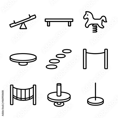 Playground Equipment Icons. Outline icon set of playground balancing equipment: seesaw seat, balance beam, spring rider, wobble