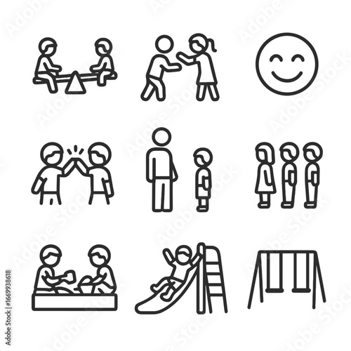 Playground Fun Icons. Outline icon set of kids’ playground interactions: two kids on seesaw, pushing friend, laughing face,