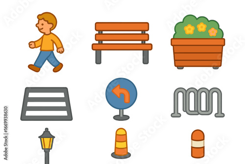 Playful Plaza Redesign. Flat vector mini-illustrations Pedestrian plaza redesign in colors children’s illustrations: walking