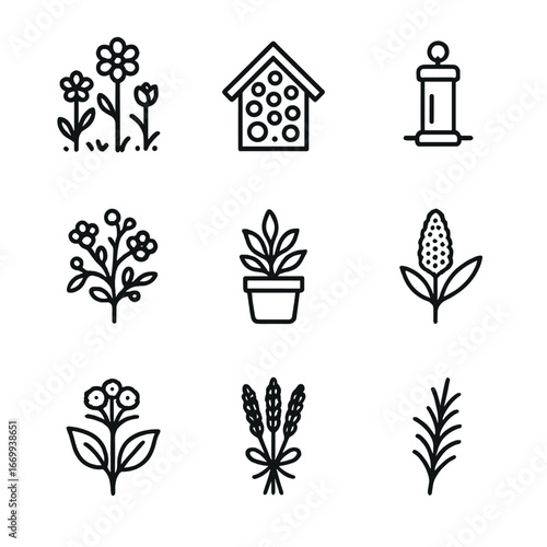 Pollinator Garden Icons. Outline icon set of Pollinator garden elements: wildflower patch, bee hotel, nectar feeder, flowering