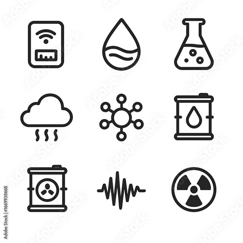 Pollution Monitoring Icons. Outline icon set of pollution monitoring: air quality sensor, water drop with wave, chemical flask,