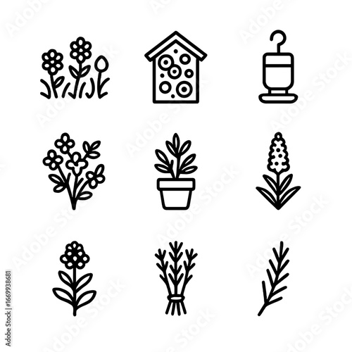 Pollinator Garden Icons. Outline icon set of Pollinator garden elements: wildflower patch, bee hotel, nectar feeder, flowering