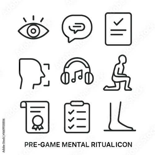 Pre-Game Ritual Icons. Outline icon set of pre-game mental rituals: visualization eye, mantra chant speech bubble, affirmation