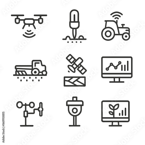 Precision Agriculture Icons. Outline icon set of precision agriculture tools: drone survey, soil moisture sensor, GPS tractor,