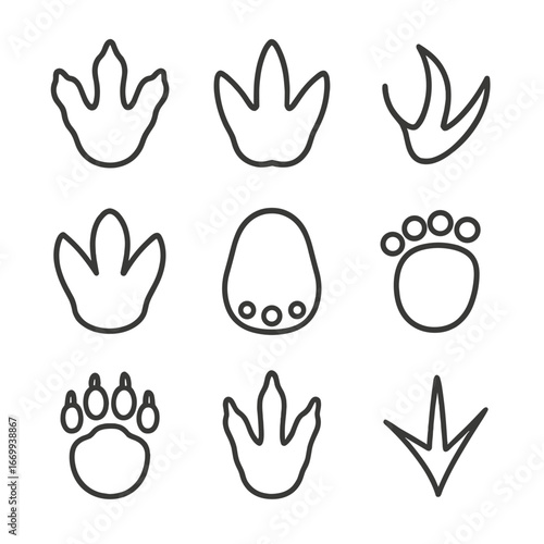 Prehistoric Footprint Icons. Outline icon set of prehistoric and extinct footprints: T-rex footprint, triceratops track,