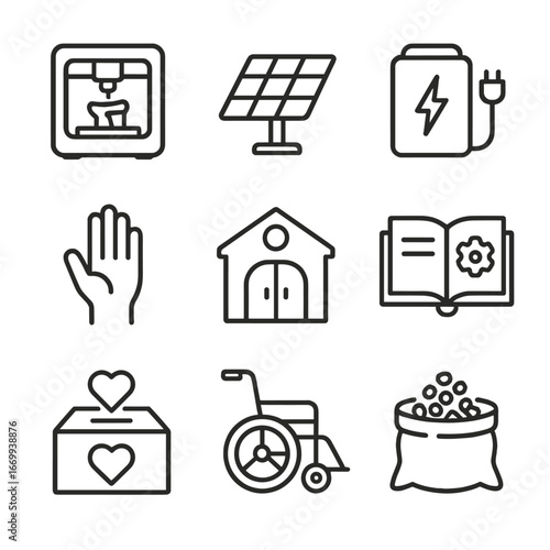 3D Printing Clinic Icons. Outline icon set of low-resource 3D printing clinics: portable 3D printer, solar panel, power bank,