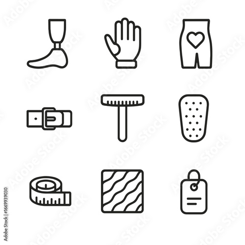 Prosthetic Customization Icons. Outline icon set of patient-specific prosthetic customization: foot prosthesis, hand prosthesis,