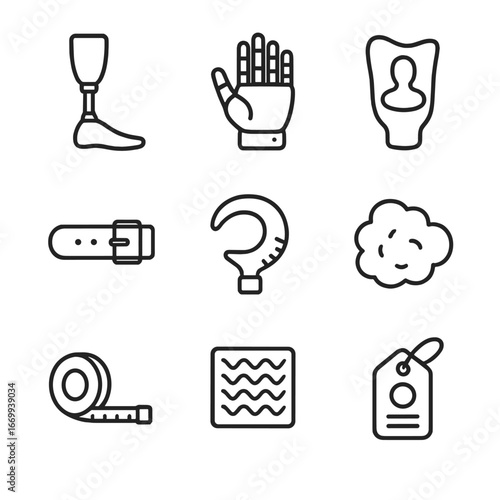 Prosthetic Customization Icons. Outline icon set of patient-specific prosthetic customization: foot prosthesis, hand prosthesis,