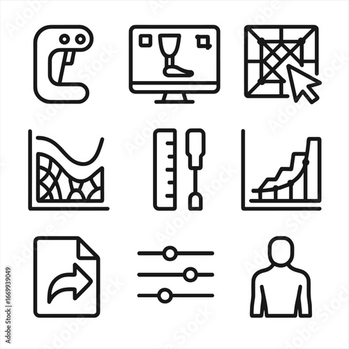 Prosthetic Design Icons. Outline icon set of prosthetic design software tools: 3D scanner, CAD monitor, mesh editing tool,