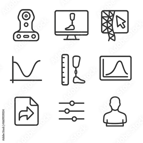 Prosthetic Design Icons. Outline icon set of prosthetic design software tools: 3D scanner, CAD monitor, mesh editing tool,