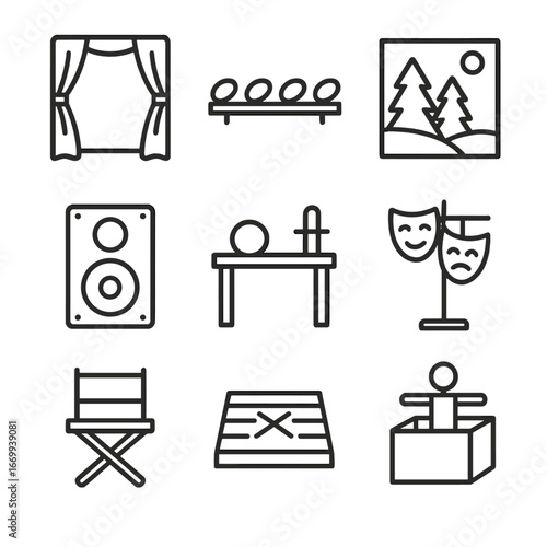 Puppetry Stage Icons. Outline icon set of puppetry stage props: stage curtain, footlights, backdrop scenery, sound speaker, props
