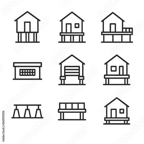 Raised Foundation Icons. Outline icon set of raised foundation designs: stilted house, pier columns, elevated walkway, crawlspace