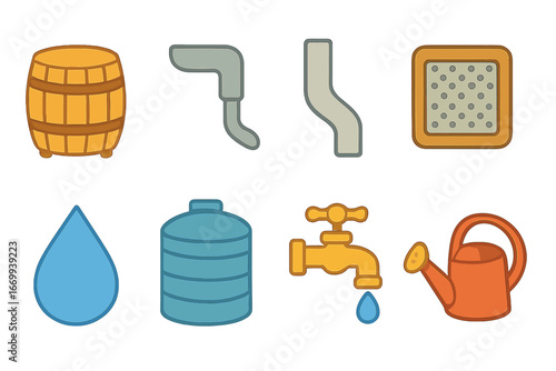 Rainwater Harvesting Icons. Flat vector mini-illustrations Rainwater harvesting systems in colors children's illustrations: rain