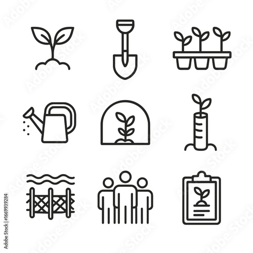 Reforestation Icon Set. Outline icon set of reforestation and recovery efforts: seedling sprout, tree planting spade, sapling tray