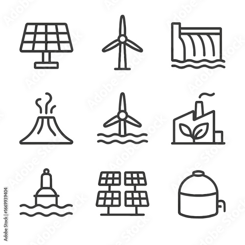 Renewable Energy Icons. Outline icon set of renewable energy sources: solar panel, wind turbine, hydroelectric dam, geothermal