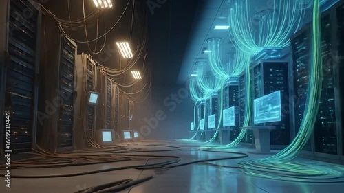 Server room glowing cables data center futuristic technology connection high quality professional