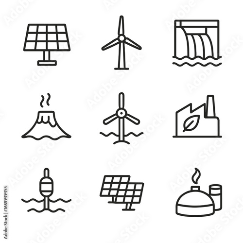 Renewable Energy Icons. Outline icon set of renewable energy sources: solar panel, wind turbine, hydroelectric dam, geothermal