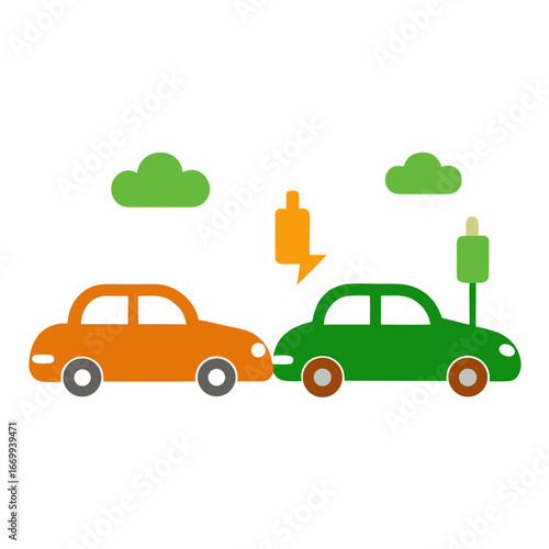 Two cars in a collision with charging stations nearby