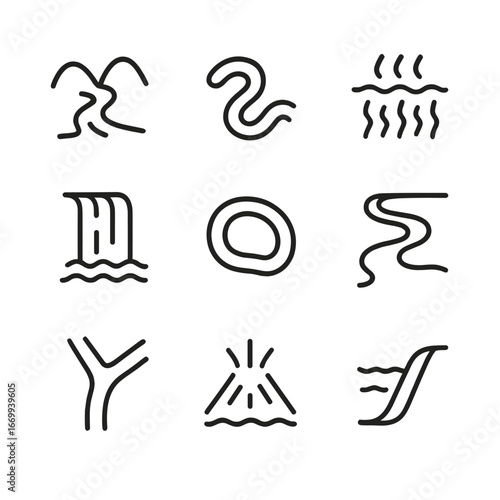 River Channel Icons. Outline icon set of river channel features: headwater spring, meander bend, river rapids, waterfall cascade,