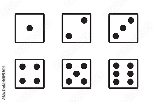 Game dice Icon with side of cube from one to six number. Set of black icon sided for gamble. Dot on cube of casino