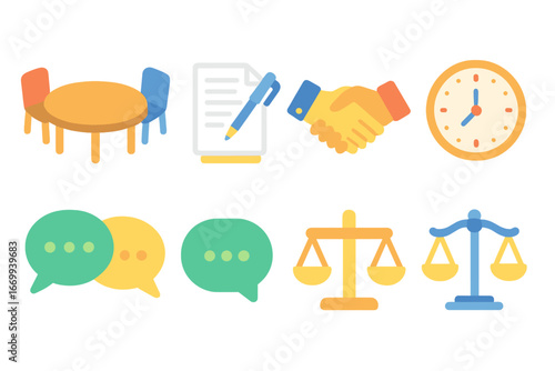 Round Table Communication. Flat vector mini-illustrations Negotiation table dynamics in colors children's illustrations: round