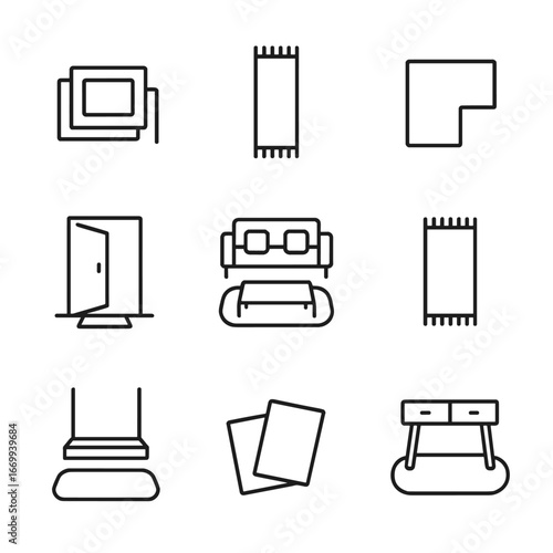 Rug Arrangement Icons. Outline icon set of rug arrangement ideas: layered rug stack, centered runner, corner placement, threshold