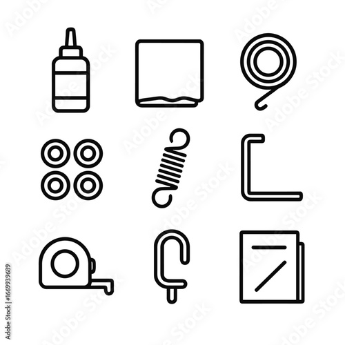 Rope Maintenance Tools Icons. Outline icon set of rope maintenance tools: rope lubricant, cleaning cloth, spare cable, replacement
