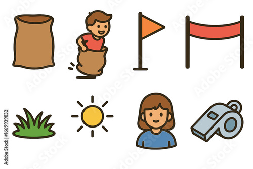 Sack Race Fun. Flat vector mini-illustrations Sack race fun in colors children's illustrations: burlap sack, hopping child, start