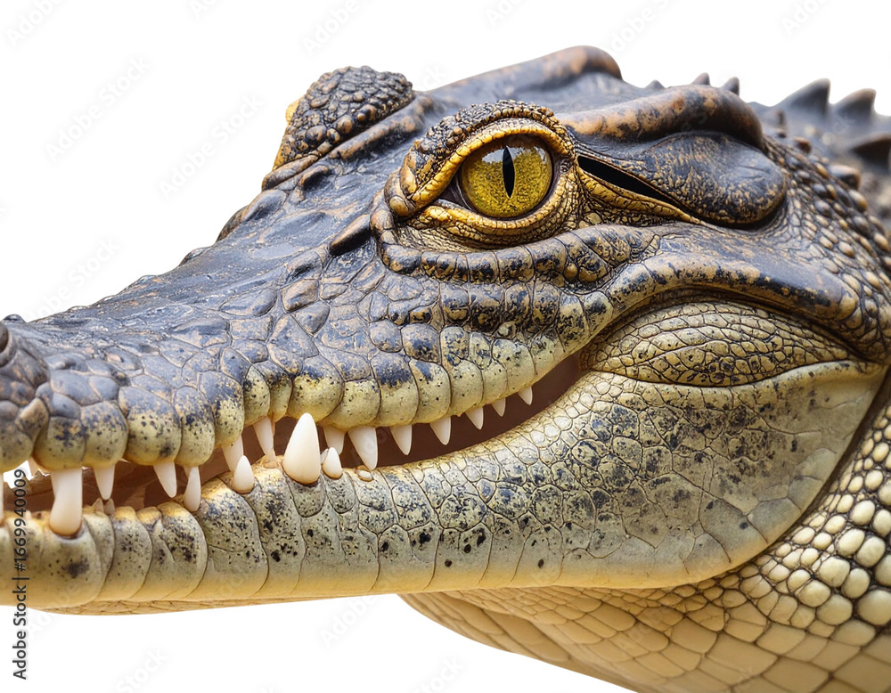 Fototapeta premium Crocodile Head Close-Up with Scales and Open Mouth Isolated