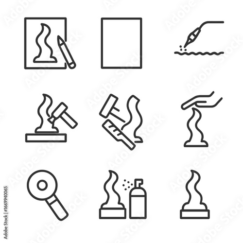 Sculpture Creation Icons. Outline icon set of sculpture creation steps: design sketch, metal sheet, cutting torch, weld bead,