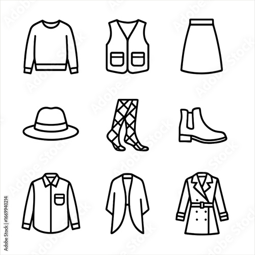 Seasonal Outfits Icons. Outline icon set of seasonal transitional outfits: light knit sweater, utility vest, midi skirt, ankle