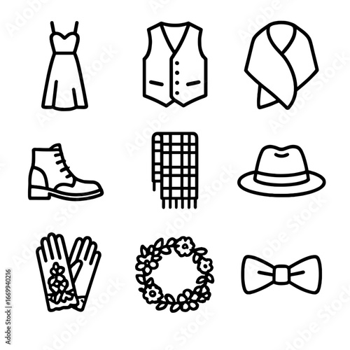 Seasonal Wedding Accessories. Outline icon set of seasonal wedding attire and accessories: burgundy bridesmaid dress, tweed groom