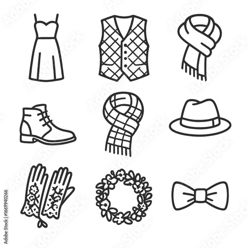 Seasonal Wedding Accessories. Outline icon set of seasonal wedding attire and accessories: burgundy bridesmaid dress, tweed groom