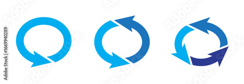 Rotated arrow blue icon set. Repeat symbol. Change sign. Arrows for apps, interface, business and project. Flat design. Vector illustration. Isolated on a white background.