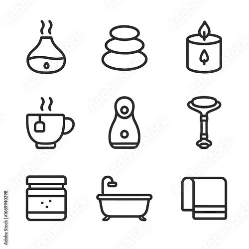 Self-Care Spa Icons. Outline icon set of self-care spa rituals: essential oil diffuser, massage stone, scented candle, herbal tea