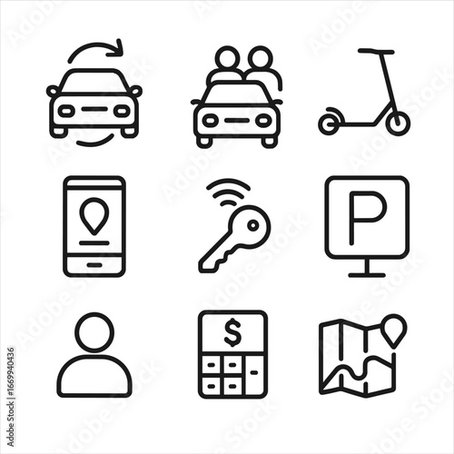 Shared Mobility Icons. Outline icon set of shared mobility services: car share vehicle, ride-pool car, scooter share, smartphone