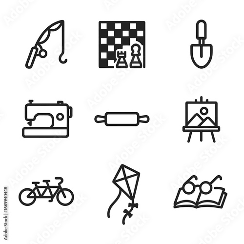 Shared Hobbies Icons. Outline icon set of intergenerational shared hobbies: fishing rod, chess board, gardening shovel, sewing