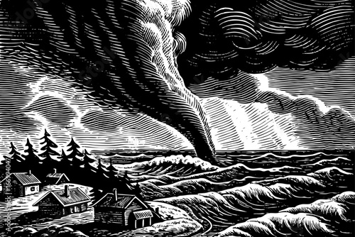 Tornado striking coastal village, waves crashing against shore while dark funnel dominates horizon in black and white sketch