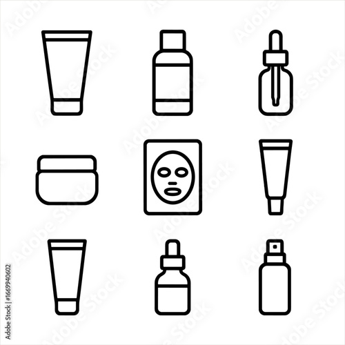 Skincare Icons Grid. Outline icon set of skincare and beauty products: cleanser tube, toner bottle, serum dropper, moisturizer jar