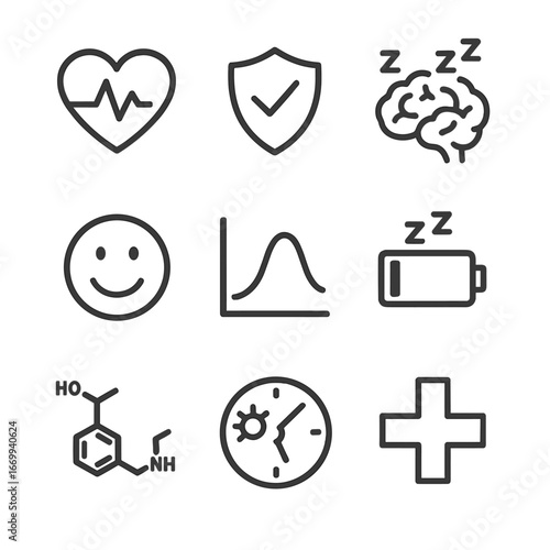 Sleep Wellness Icons. Outline icon set of sleep and wellness: heart monitor, immune shield, rested brain, mood smiley, cortisol