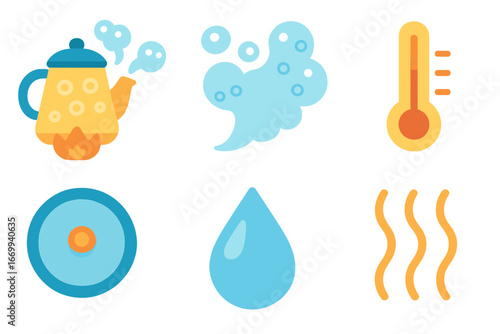 Smart Building & Kettle Icons. Flat vector mini-illustrations Smart building automation in colors children's illustrations: