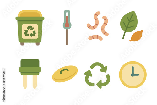 Smart Compost Bin Illustrations. Flat vector mini-illustrations Smart compost bin in colors children's illustrations: compost bin,